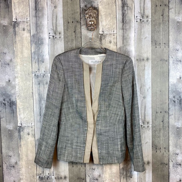 Max Mara Tweed Leather Trim Tie Waist Blazer in Grey Multi Size 10. - Picture 1 of 9